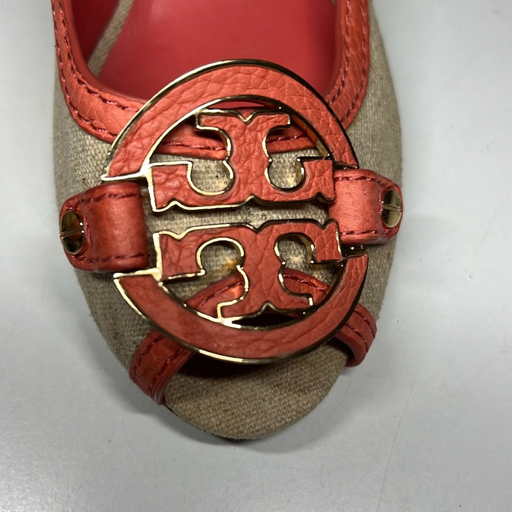 Tory Burch Amanda Off White/Pink Leather And Canvas PepToes Wedges Woman’s 6.5M - Picture 4 of 16